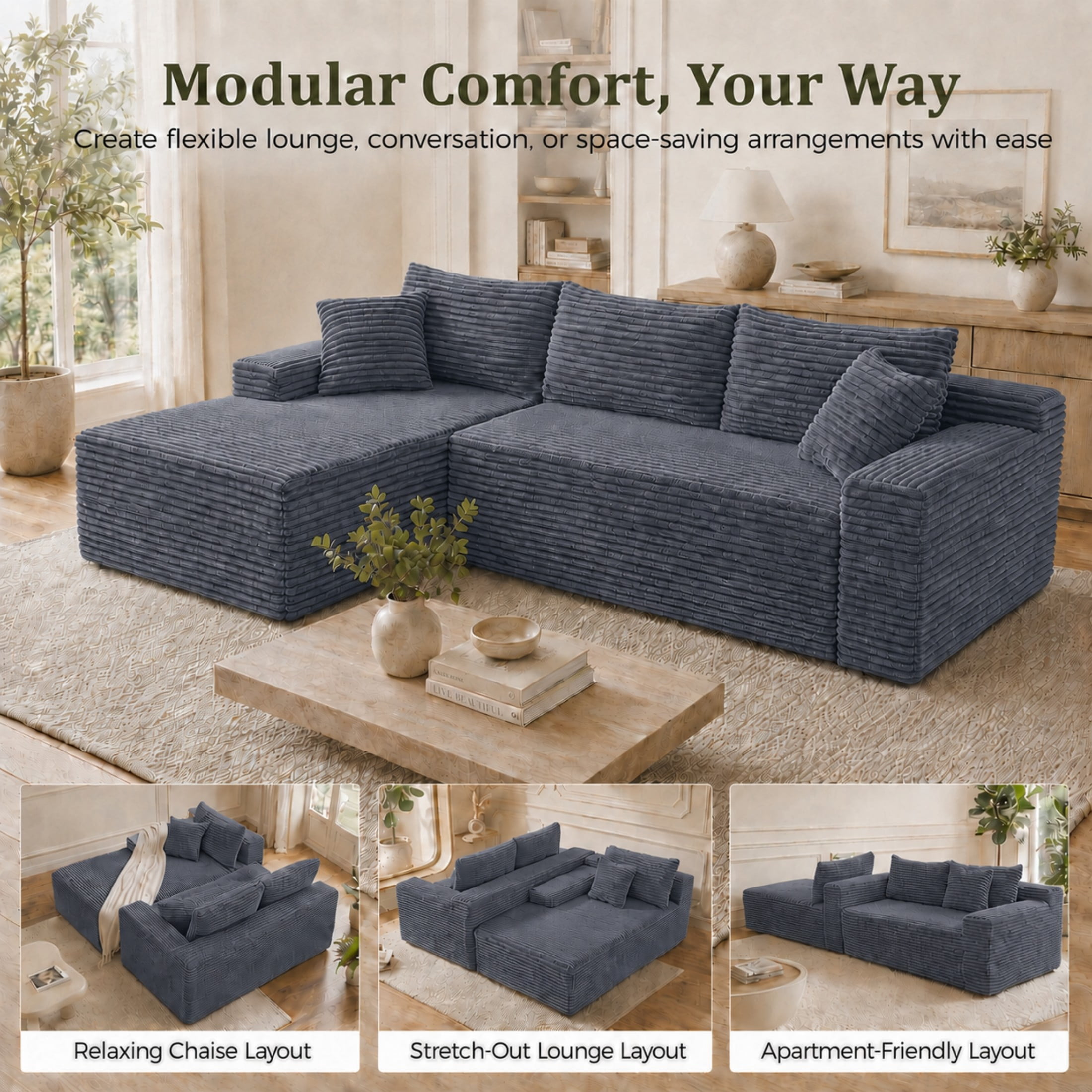 Aenkyo 106 Inch Corduroy L-Shaped Cloud Sectional Sofa with Reversible Chaise, Gray