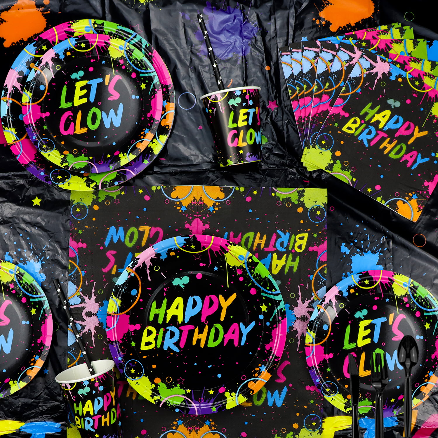  243 Pieces Glow Neon Party Supplies - Neon Balloons, Glow in  the Dark LET'S GLOW Backdrop Banner, Garlands, Tablecloth, Plates, Napkins,  and Cup for Blacklight Party Decorations, Serve 20 Guests 