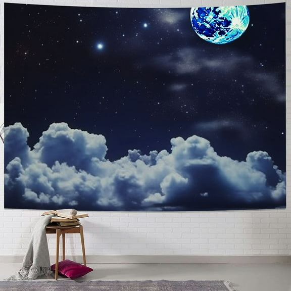 Creowell Moon Stars Wall Tapestry Wall Hanging Outer Space and Galaxy Tapestry Night Sky with White Cloud Home Decor for Room 40x30inch