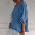 thumbnail image 3 of Women Summer Cotton Linen T Shirts Solid Cotton and Linen Ruffle Pleated Hem Tops Half Sleeve Round Neck Casual Shirt Comfortable Shirts, 3 of 5