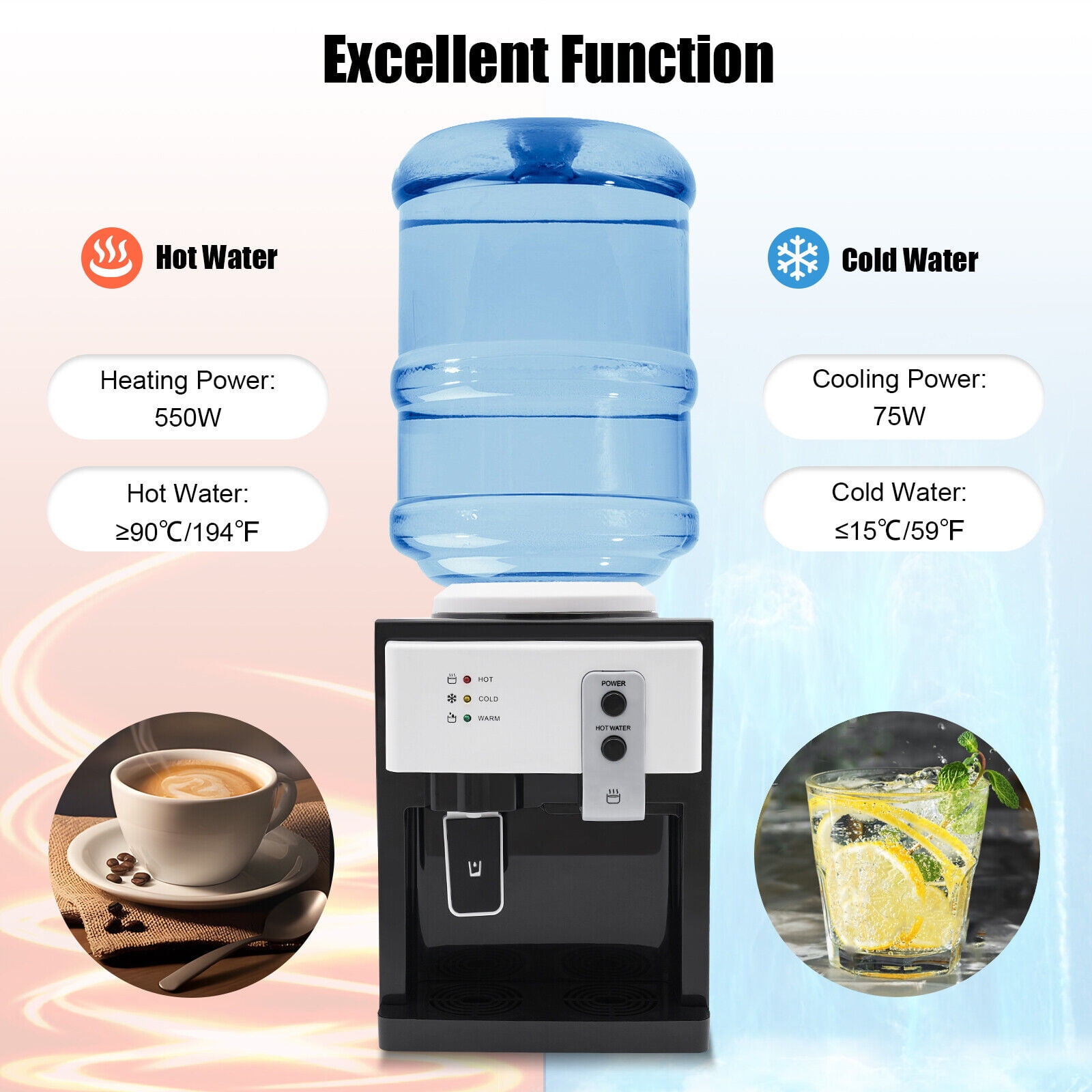 5 Gallon Top Loading Water Cooler Dispenser Countertop Hot & Cold Drinking Machine 110V