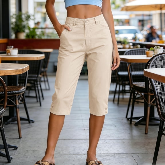 BADHUB Women Cropped Pant Casual Straight Leg Capris Pants High Waist Work Slim Fit Trousers with Pockets Beige 3XL