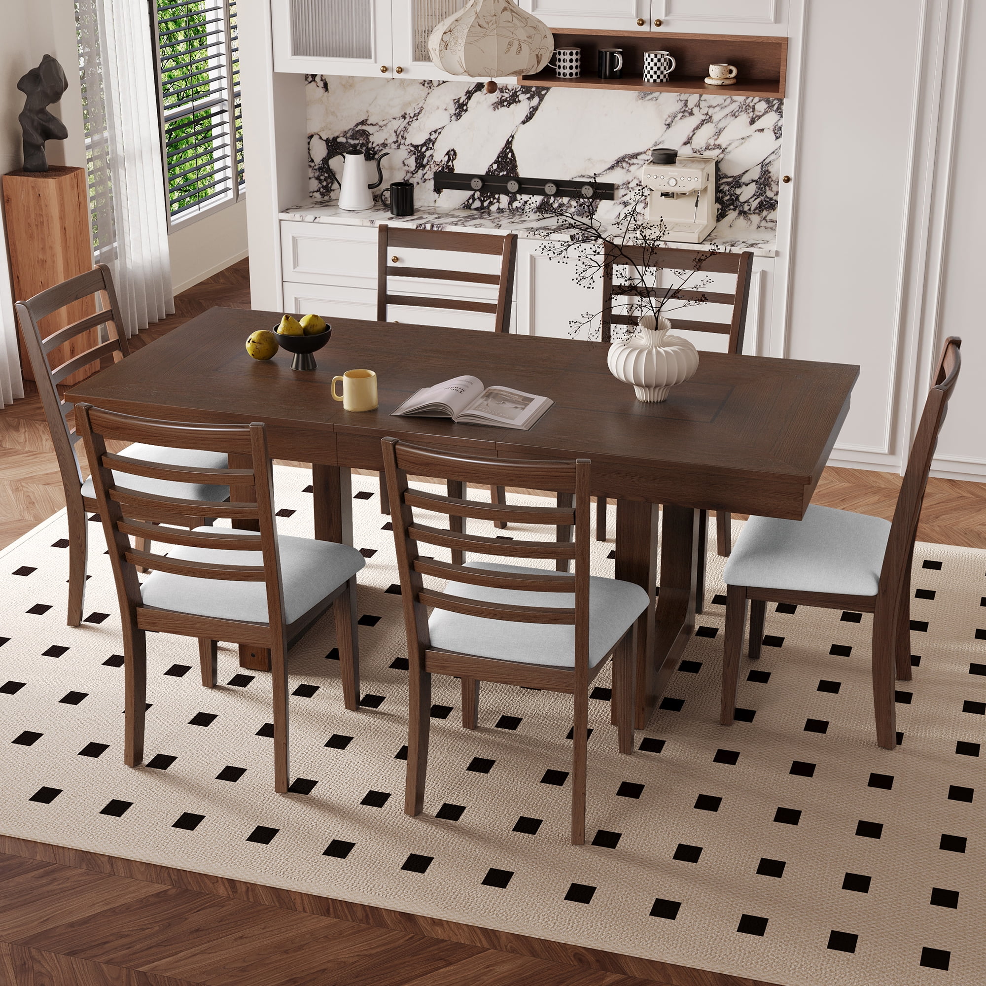 Euroco 7-Piece Wooden Dining Table Set,78" Extendable Dining Table & Chairs Set with 18" Leaf for 6-8,Farmhouse Kitchen Table Set for Dining Room,Brown