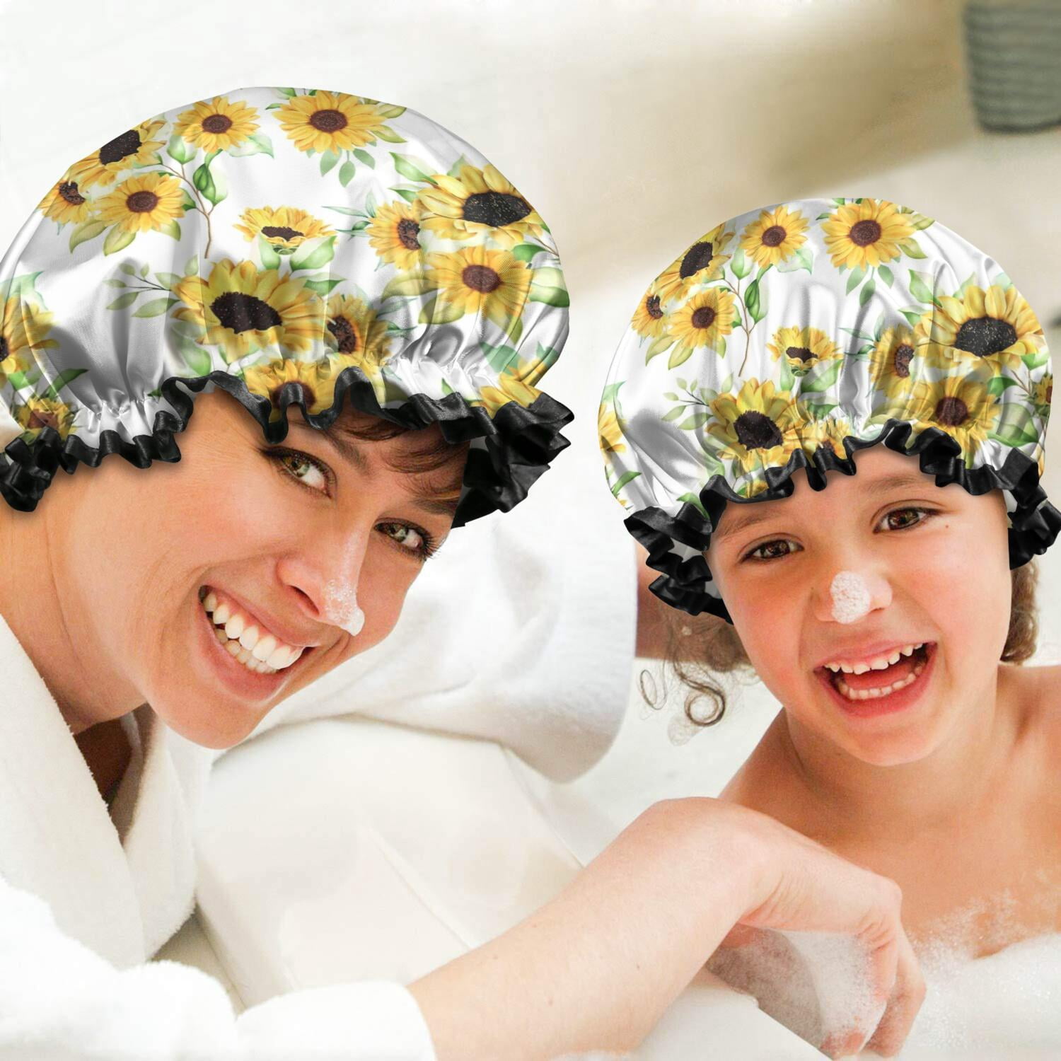 Shower Caps,White Green Leaf Sunflower Pattern Waterproof Shower Cap for Women 4 Pieces,Double Reusable Hair Cover for Shower PEVA Elastic Stretch Hem
