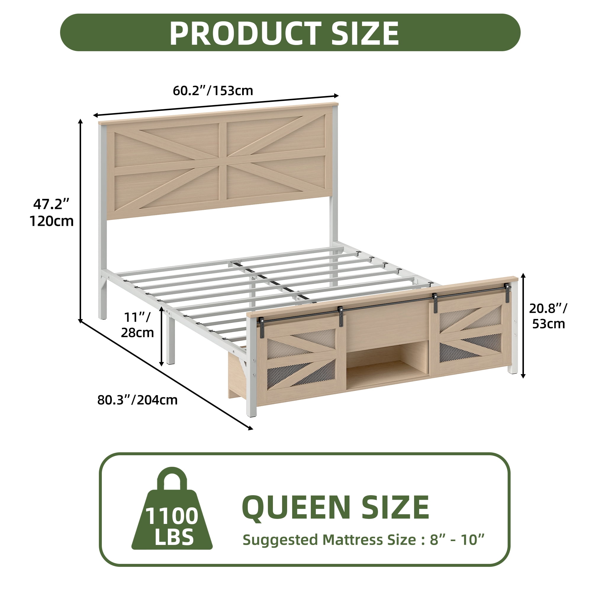 Uforic Bed End Barn Door Queen Size Bed Frame with Headboar Storage, Steel Mesh Door & Sturdy Construction, Oak