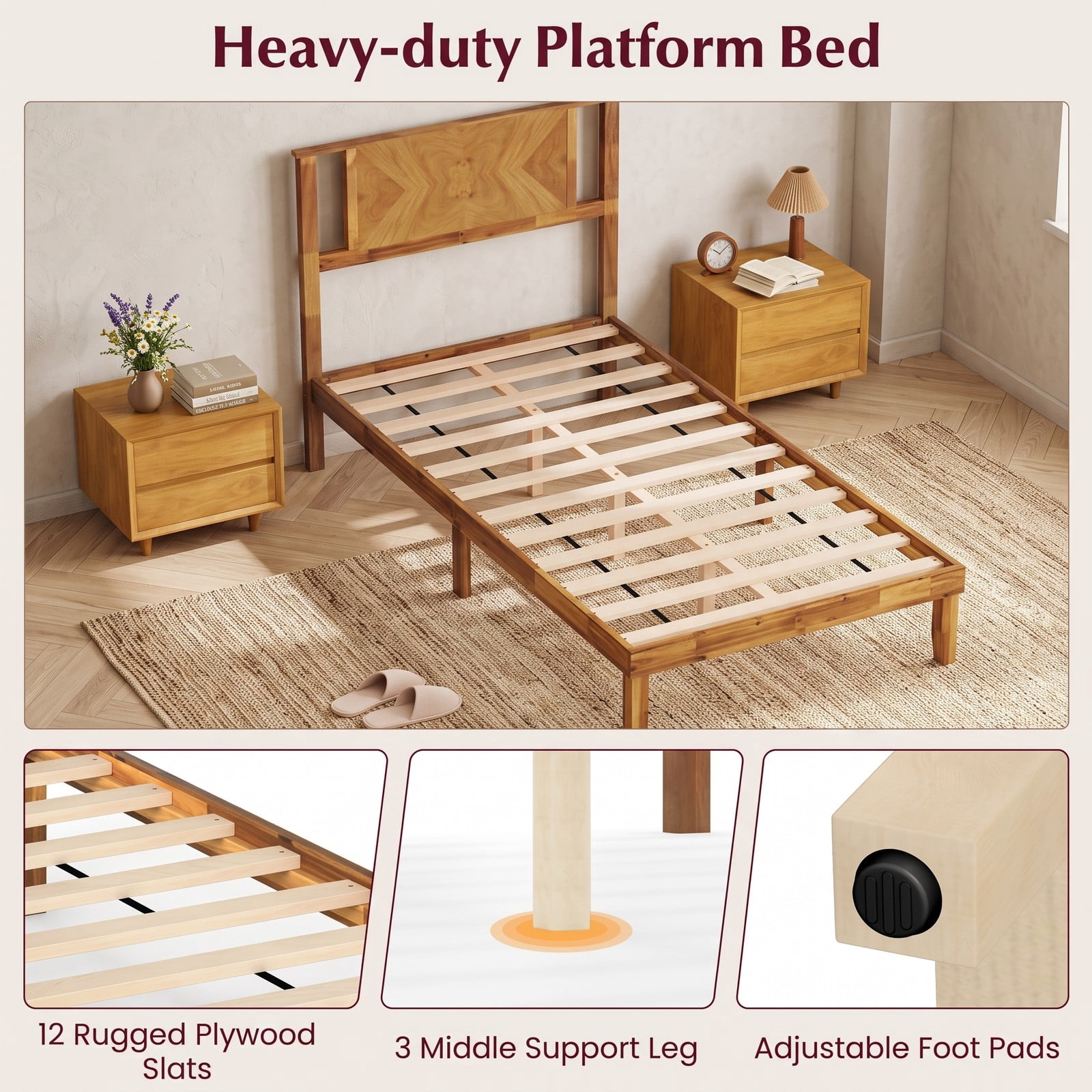 Furnibear Queen Size Bed Frame with Mid-Century Headboard, Acacia Wood Platform Bed Frame with Slat Support, Rustic Golden Brown