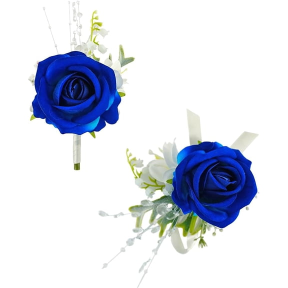 TUWAFE Royal Blue White Corsage and Boutonniere Set for Wedding Prom, Artificial Rose Flower Wrist Corsage Bracelets, Homecoming Corsage Wristlet, Boutonniere for Men Wedding Suit Decorations