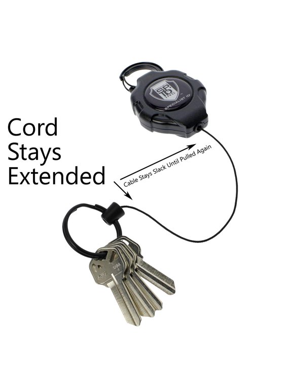 Heavy Duty Retractable Ratchit Keychain Tether Reel for Multiple Keys with Clip - Stays Extended Kevlar Cord Lanyard Leash by Specialist ID, Sold Individually (Black/Belt Clip)