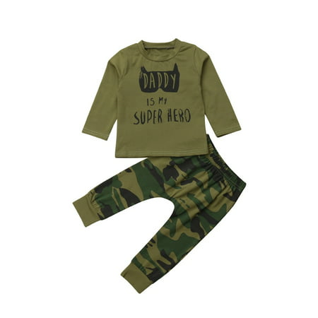 Baby Boy Girl Camouflage Long Sleeve T-Shirt Tops with Daddy is Hero Print+Green Long Pants Outfit Casual Outfit