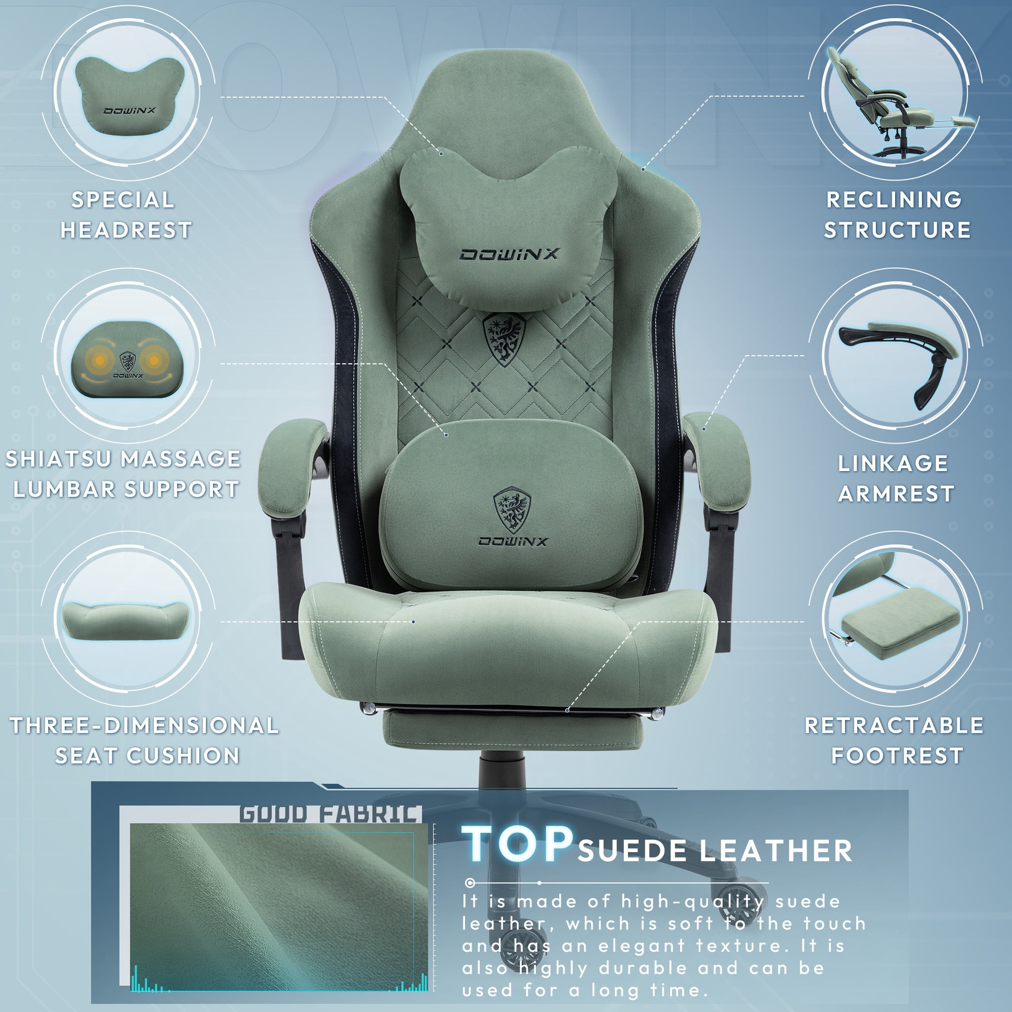 GOOSEA Fabric Gaming Chair with Heated Massage Lumbar Support, Big and Tall Game Chair for Adults, High Back PC Chair with Pocket Spring Cushion and Footrest, Green