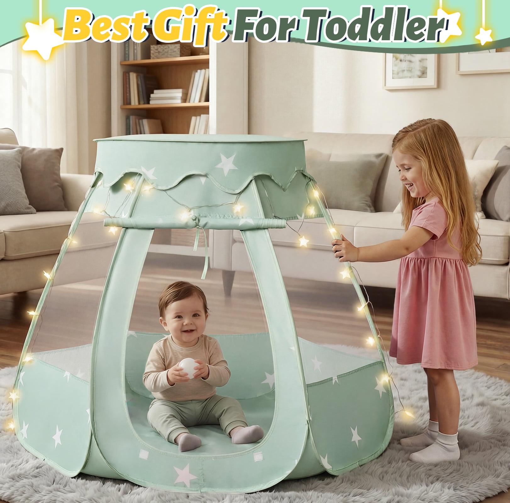 PigPigPen Pop up Princess Ball Pit Tent with Star Lights, Indoor/Outdoor Tent for Toddlers and Kids, Grayish Green, No Balls Included