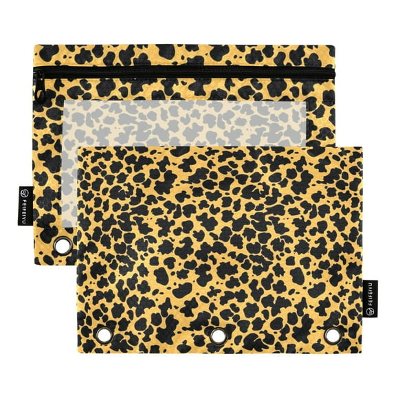 Black Leopard Print 2 Pack Pencil Pouch for 3 Ring Binder Smooth Zipper Folders with Pockets Clear Window Pencil Case
