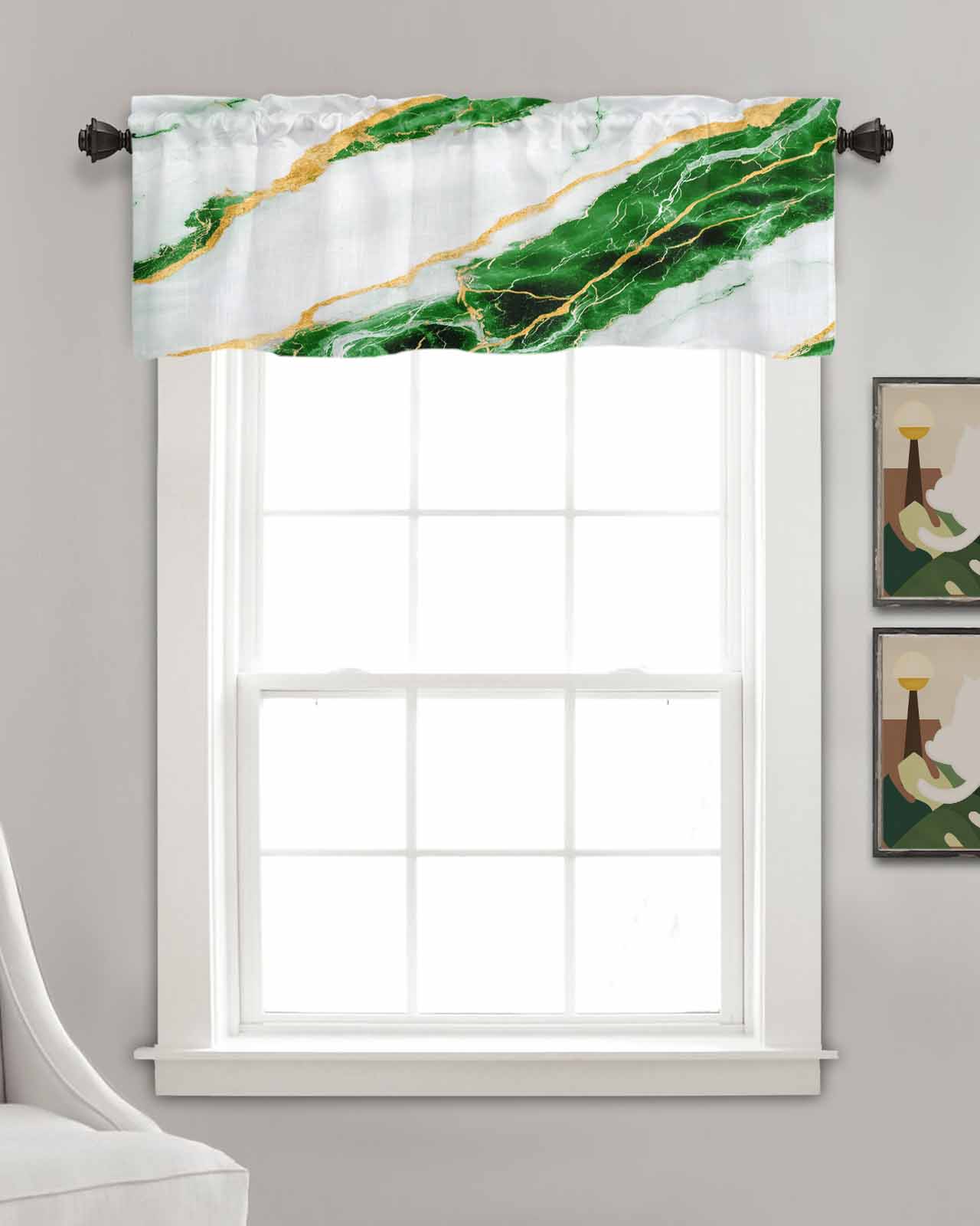 Marble Green Kitchen Valances for Windows Farmhouse Linen Window Valance Curtain for Living Room Window Treatment Gold Foil Ceramic Style Crack Scratch Valance Rod Pocket Topper Drape, 54 x 18 Inch