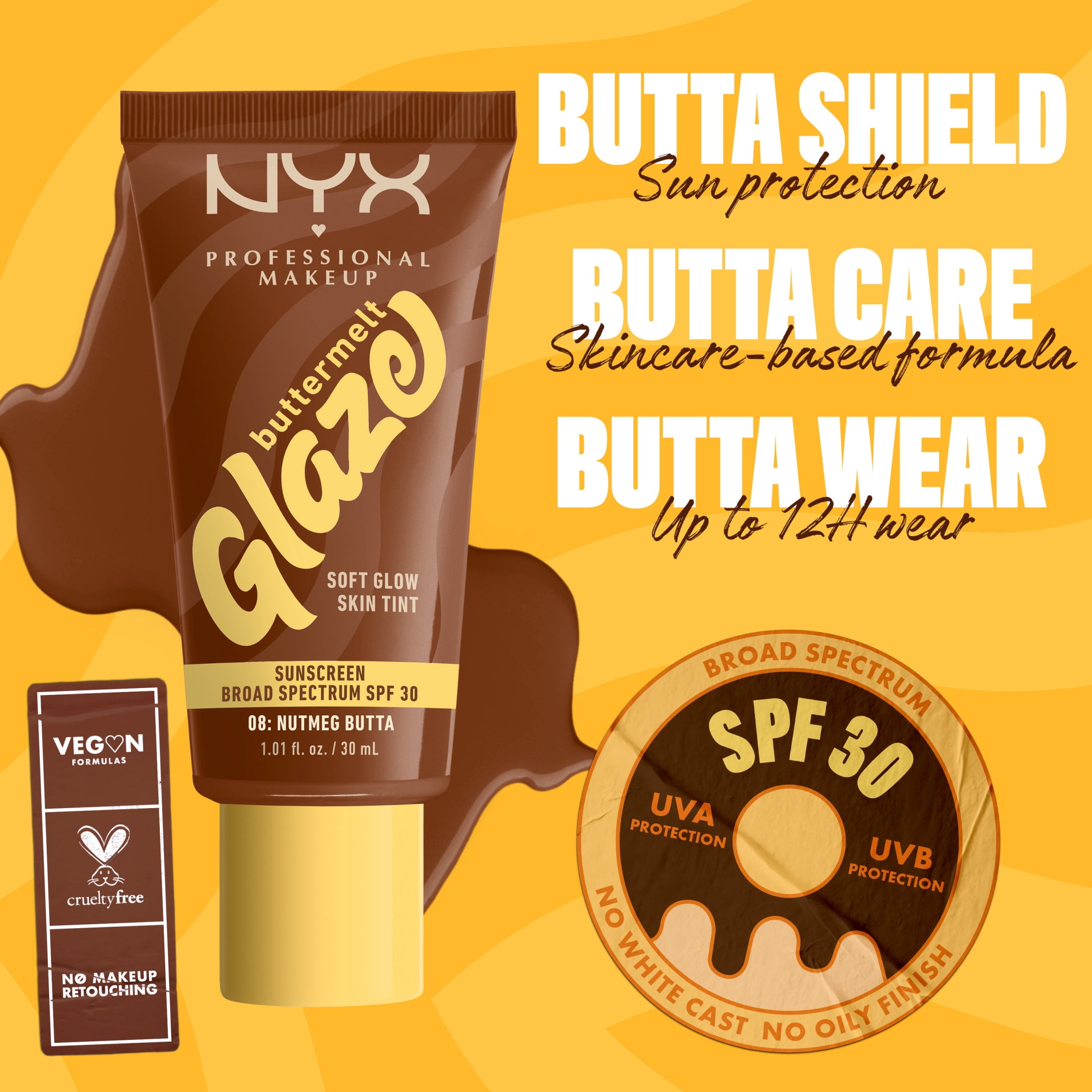 NYX Professional Makeup Buttermelt Glaze Tinted Moisturizer, SPF 30, Nutmeg Butta, All Skin Types, 1.01 fl oz