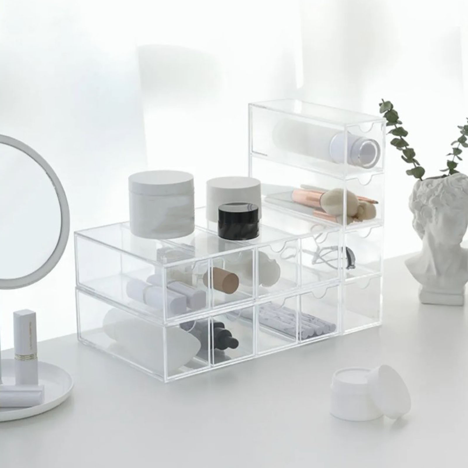 Boîte De Rangement Transparente Empilable 3 étages - 24x17x30 Cm, PP, Pour Cosmétiques Et Organisation Bureau