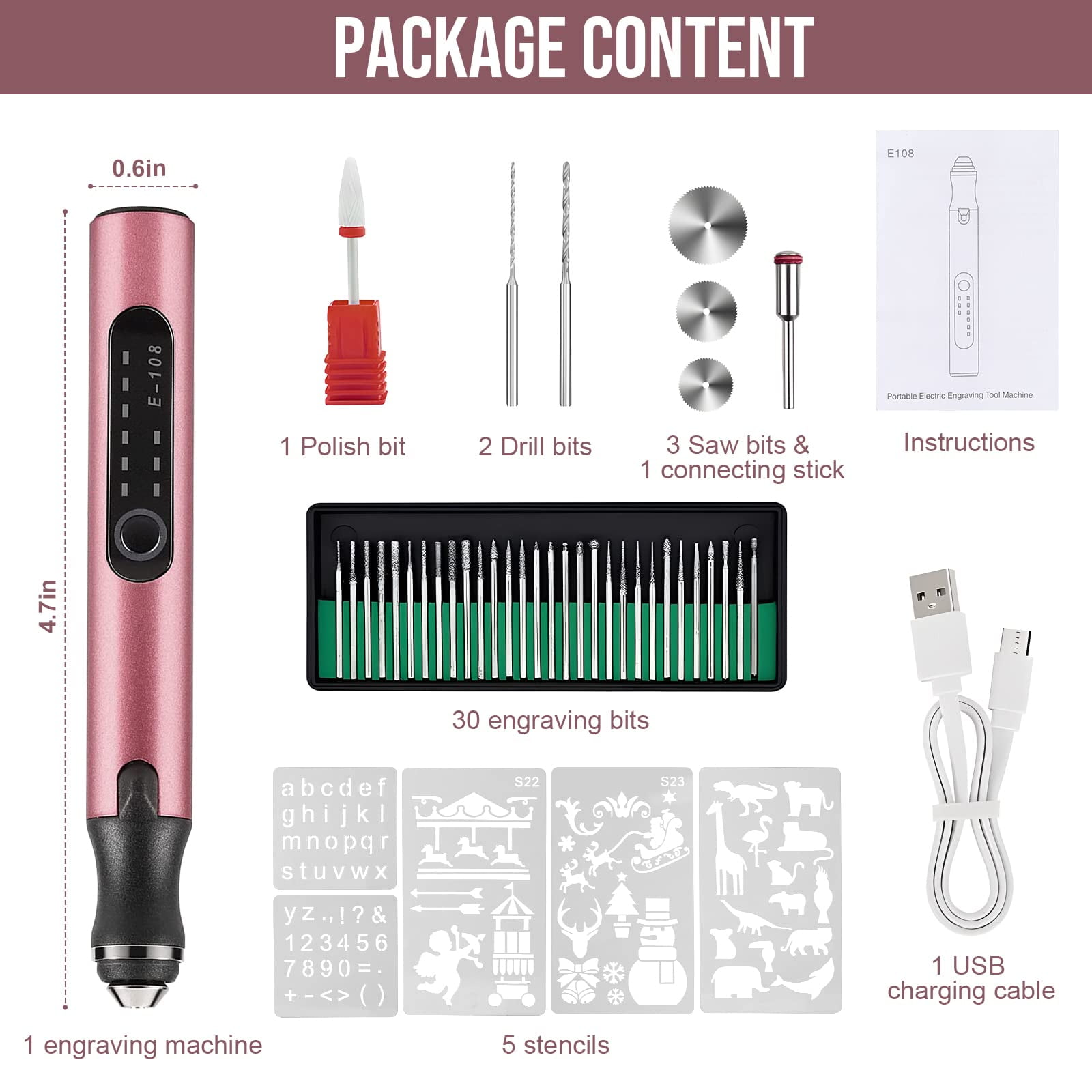 Electric Engraving Pen with 37 Bits, USB Rechargeable Cordless Engraving Machine, Portable DIY Rotary Engraver for Jewelry Wood Glass Stone Carving (Rose red)