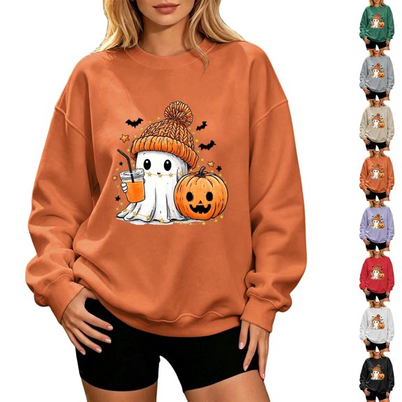 Ovbmpzd Crew Neck Halloween Sweatshirts Women Ghost Pumpkin Grahpic Orange Sweatshirt Casual Long Sleeve Tops,L