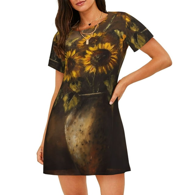 Lukts Bouquet de Tournesols Rustiques pour Femmes, Chemise de Nuit Ample à Manches Courtes, Pyjamas d'Été à Col Rond, Chemise de Nuit Vêtements de Maison