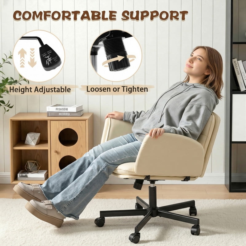 Homall Cross Legged Chair with Armrests and Wheels, PU Leather Vanity Chair, Adjustable Swivel Computer Office Chairs for Home Office, Make Up, Beige