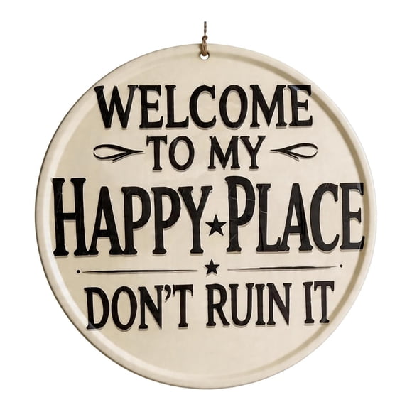 Enseigne de Porte Décorative Enseigne Métallique de Jardin Intéressante « This Is My Happy Place don't Mess It Up » Décoration Rétro Imprimée Esthétique Décoration de Chambre Enseigne Circulaire de Bienvenue Convenant à la Maison, au Jardin, Loin