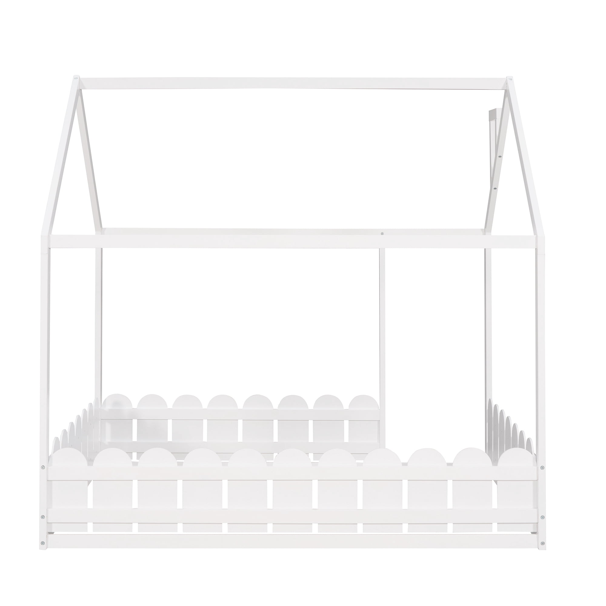 Leumius Full Size Wood House Bed with Fence & Roof,Montessori Bed Floor Bed with Safety Guardrails for Boys & Girls,White