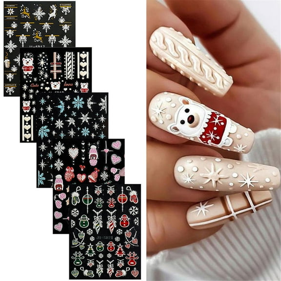 Tkrady Christmas Nail Stickers, Christmas Nail Stickers for Nail Art 5D Embossed Nail Decals Self Adhesive Stereoscopic Winter Christmas Nail Art Stickers for Women Nail Designs (4 Sheets)