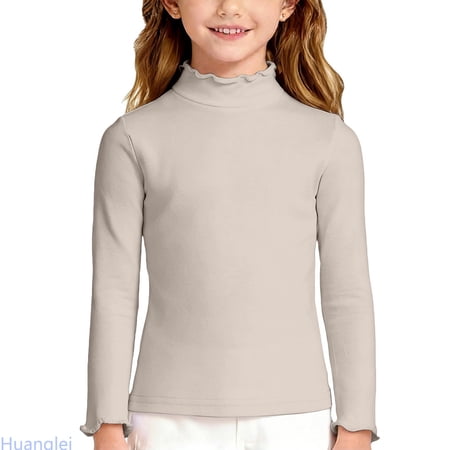 Huanglei Soft Girls Long Sleeve Top With Neck And Lace Trim Cozy Brushed Tee For Toddler And Kid Casual Wear Crew Neck Tops 11-12 Years Yellow