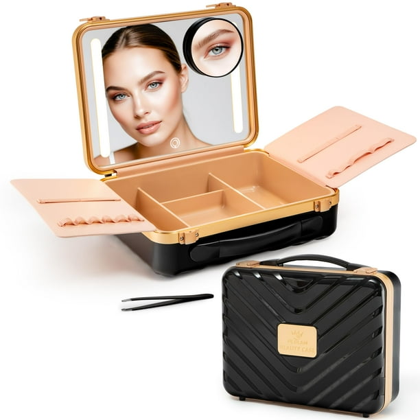 Estuche de maquillaje NJ GLAM iluminado con espejo y espejo con aumento de 10 aumentos