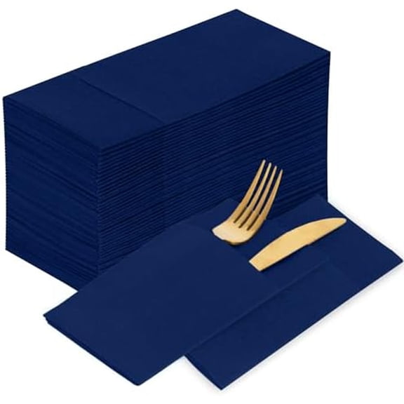 Blue Napkins Disposable 100 Pack Cloth like Paper Dinner Napkins Folded with Pocket Navy Blue Napkins Hand Towel for Party Decoration, Wedding Reception, Bathroon and Kitchen (16.5 x 16.5 inch)