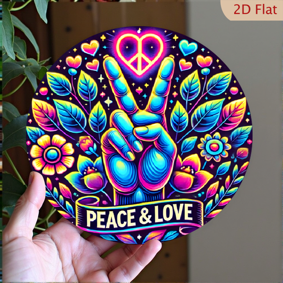 Imitation Neon "Peace & Love" Hippie Wall Art Decor, 8" Round Aluminum Metal Signs, Wall Decor For Kitchen, Door, Office, Coffee, Bedroom Decor, Best Gifts For Room, Home, Bathroom Decor, Weird Decor