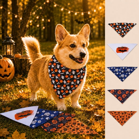 5 Pack Halloween Dog Bandana, Pumpkin Bat Ghost Spider Web Triangle Dog Scarf Bib, Adjustable Soft Pet Kerchief, Halloween Costume Party Photo Props Accessories for Small Medium Large Dogs Cats
