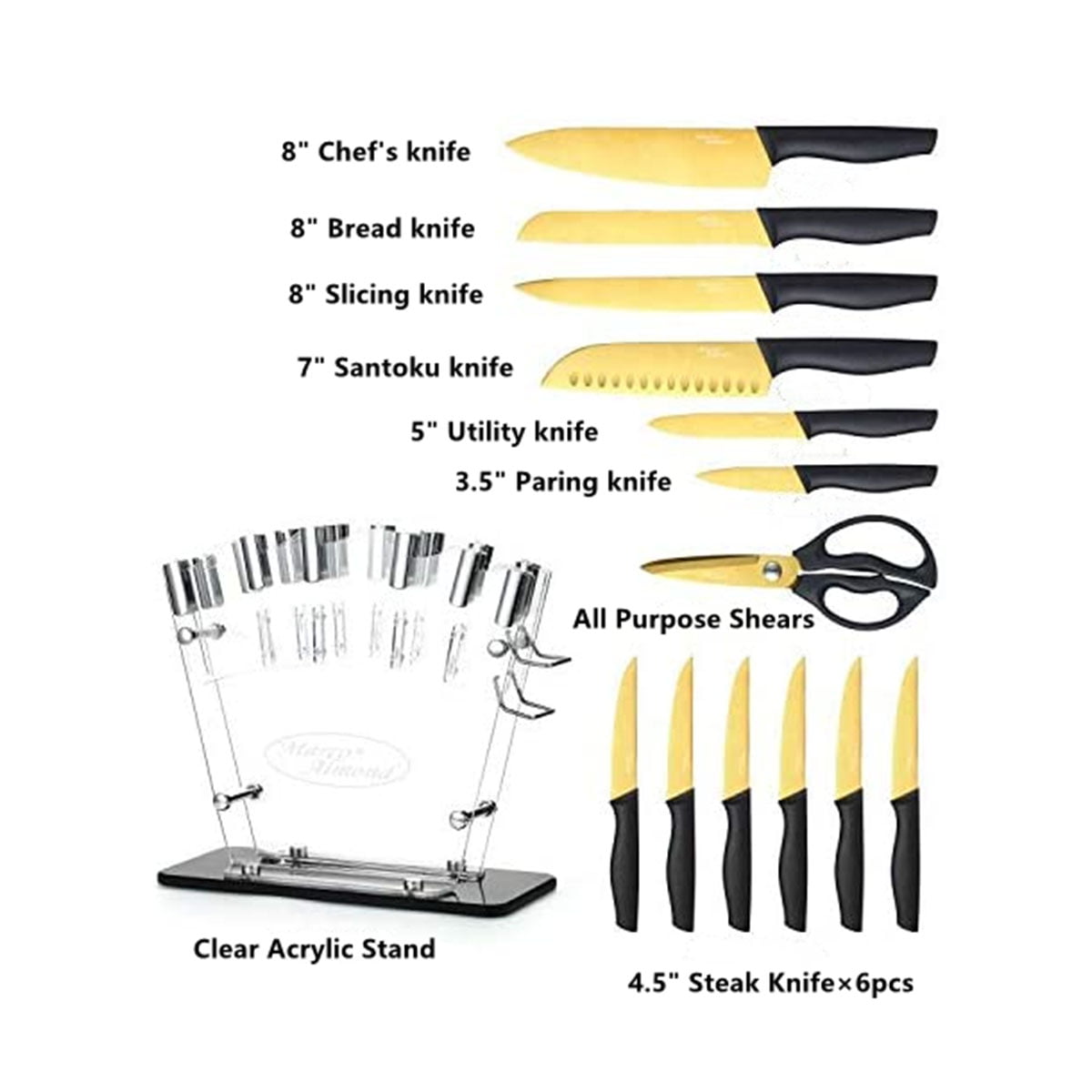 Marco Almond® Gold Knife Set With Block KYA23, 14 Pieces Stainless
