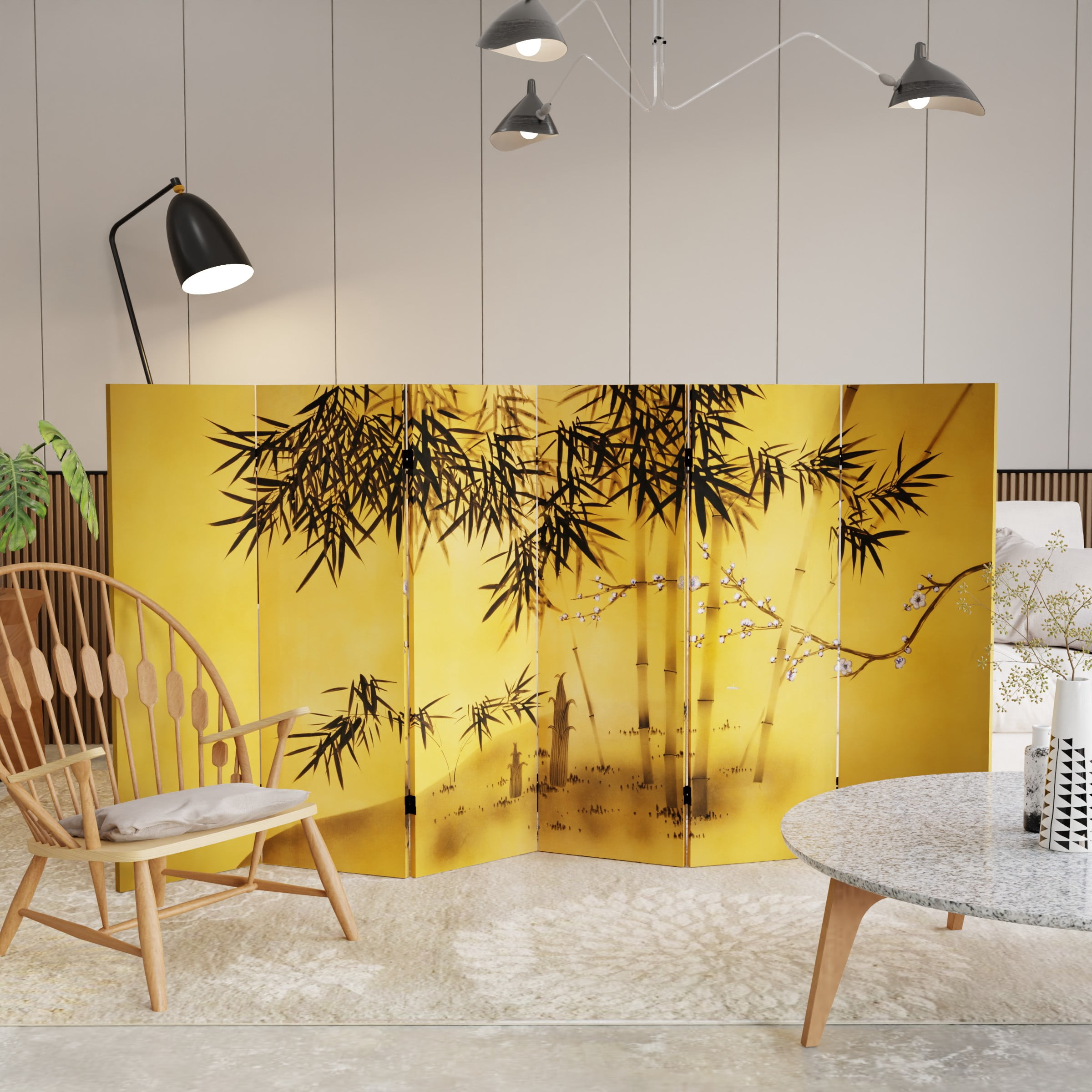 4 ft. Short Double Sided Bamboo Tree Canvas Folding Screen