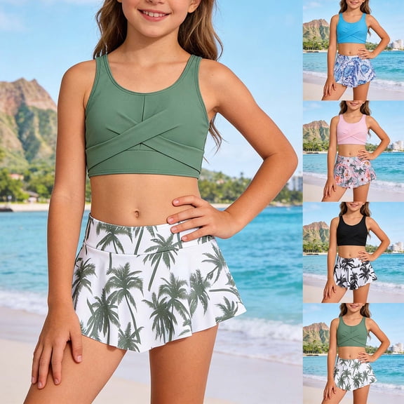 Shadoumai Girls Tankini Swimsuits 10-12 Ruffle Bikini Sets for Girls 10-12 Drawstring Bottoms Girls Tankini Swimsuit 3 Piece Rash Guard Beach Skirt Cute Ruched Bathing Suit