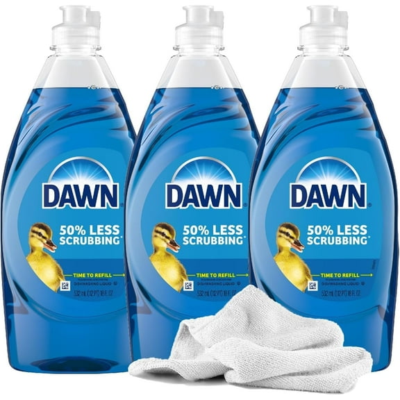 3 Dawn Dishwashing Liquid Soap, 18oz | Clean Scent - Concentrated Ultra Dish Cleaner & Daley Mint Towel | Soap for Dishes, Kitchen (54oz Total)