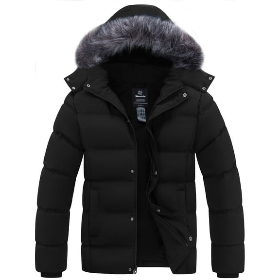 Wantdo Men's Winter Coat Recycled Padded Winter Jacket Waterproof Puffer Jacket with Detachable Hood Black L