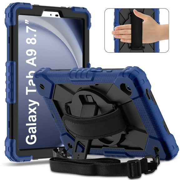 ELEHOLD Rugged Hybrid Case For Samsung Galaxy Tab A9, with Built-in Kickstand 360° Rotating Handstrap Crossbody Shoulder Strap Shockproof Heavy Duty Case, Navyblue Black