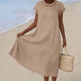 thumbnail image 6 of XUNKUSGA Maxi Dresses for Women Fashion Hollow Out Crewneck Short Sleeve Women's Dresses Loose Soft Cotton Linen Wedding Guest Dress with Pockets,Brown,S, 6 of 8