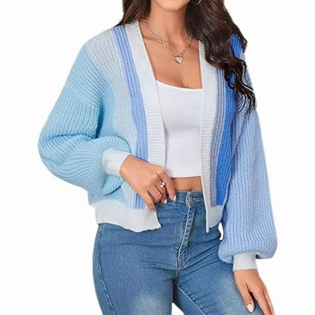 Women'S Color Block Open Front Long Sleeve Ribbed Knit Cropped Cardigan Sweaters Sky Blue XXL