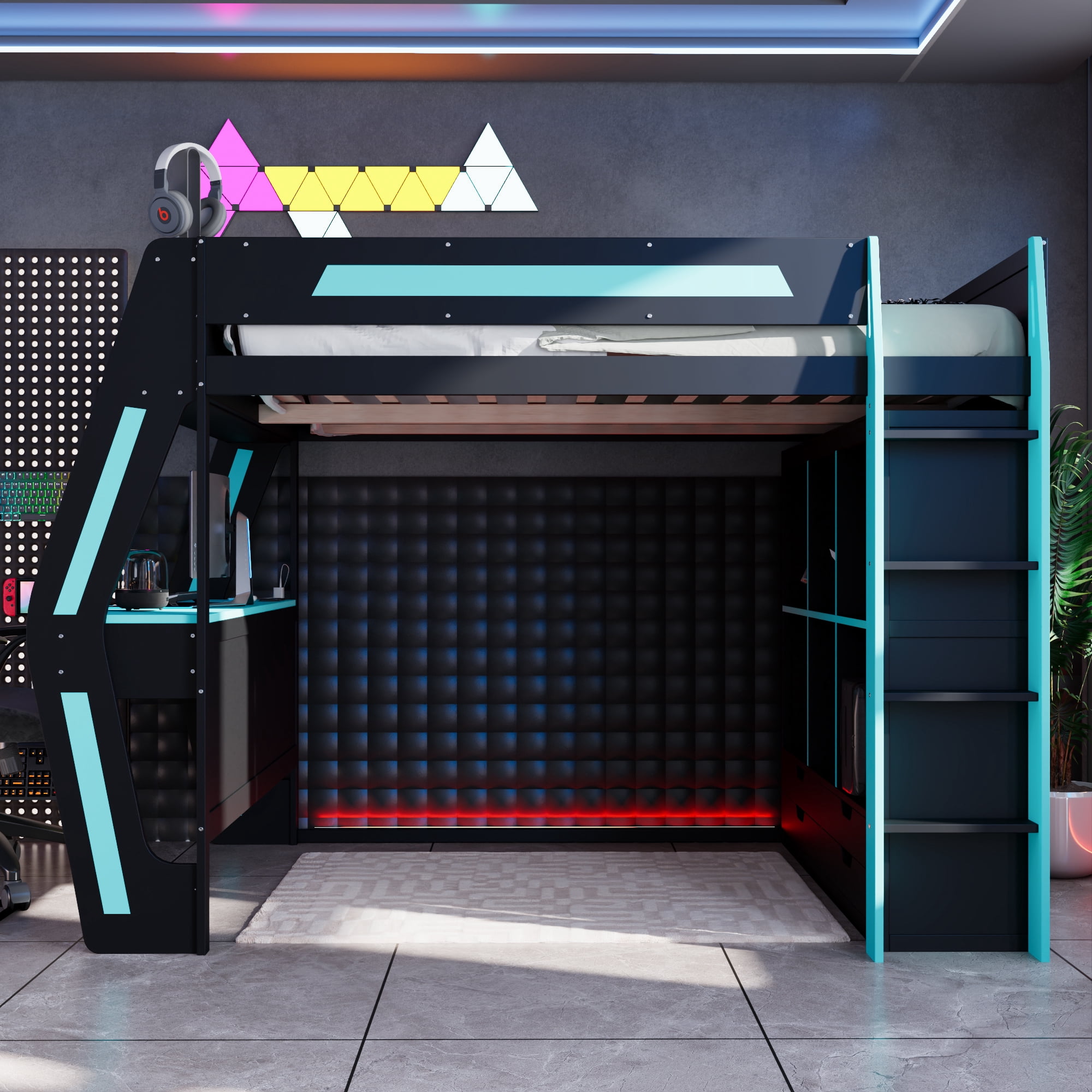 Mintazer Full Gaming Loft Bed with Lights & Desk, Modern Loft Bed with 6 Cubbies & 6 Storage Drawers, Black & Red
