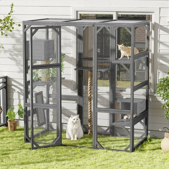 Segmart Grey Cat House Large, Weatherproof UV Proof Walk-in Wooden Cat Enclosure Large for Multiple Cats, Upgrade Luxury Cat Condo Cage Playpen with Sunshine Board, Dark Grey