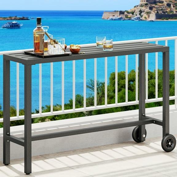 SSyao 55" Outdoor Bar Table, Counter Height Rustic Kitchen & Dining Table with Weatherproof Acacia Wood, Cross-Brace Legs & Umbrella Hole