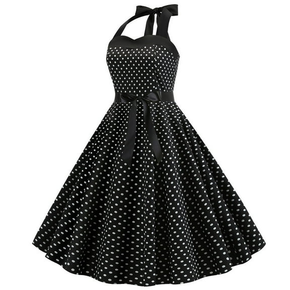 BRDFRL Women's 1950s Halter Dress Vintage Polka Dot Rockabilly Dresses 50's 60's Floral Print Retro Cocktail Homecoming Pinup Dress Black XL
