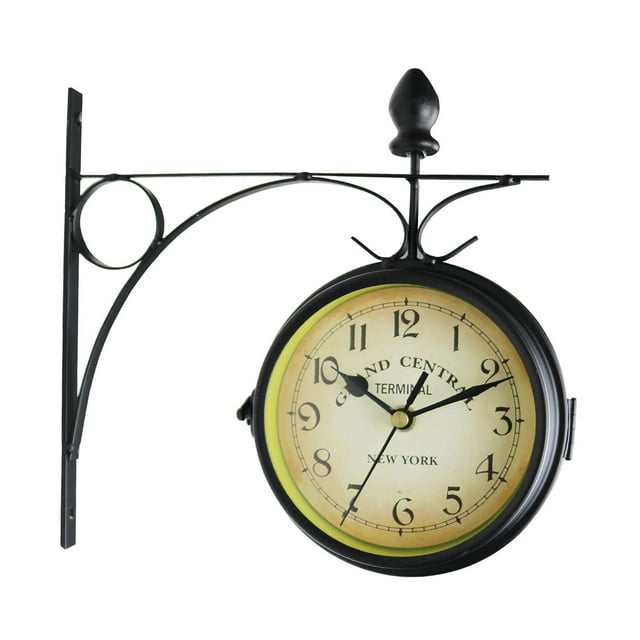 Reloj de pared de doble cara,Reloj de pared redondo de estación de doble cara para colgar,Reloj de pared con doble cara para jardín,Reloj de pared de diseño retro con soporte decorativo para
