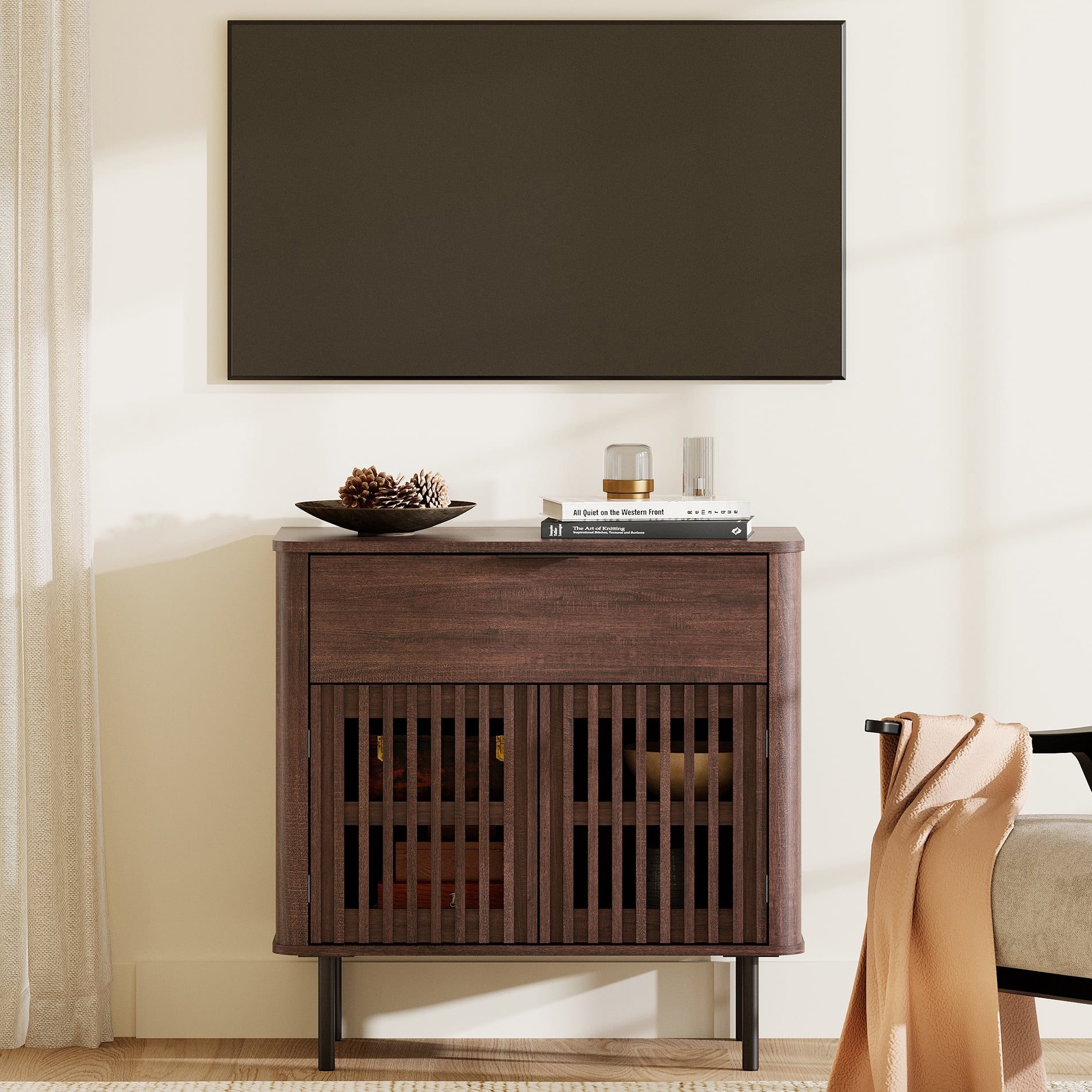 31.5" Sideboard Buffet Cabinet with Storage - Fluted Kitchen Credenza Cabinet with Pop-up Doors and Drawer, Walnut
