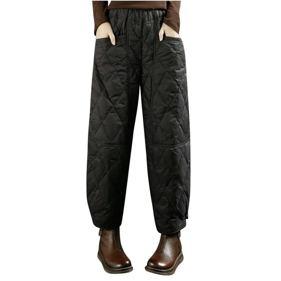Turilly Womens Winter Pants Women's Loose And Casual Solid Color Diamond Checkered Elastic Waist Warm Jacket Cotton Wide Leg Cotton Pants