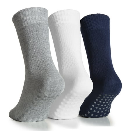 

HUGH UGOLI Women s Soft Bamboo Non Slip Grip Crew Socks | Wide Loose Fit & Diabetic Hospital Socks 3 Pair White / Navy Blue / Light Grey Shoe Size: 6-9