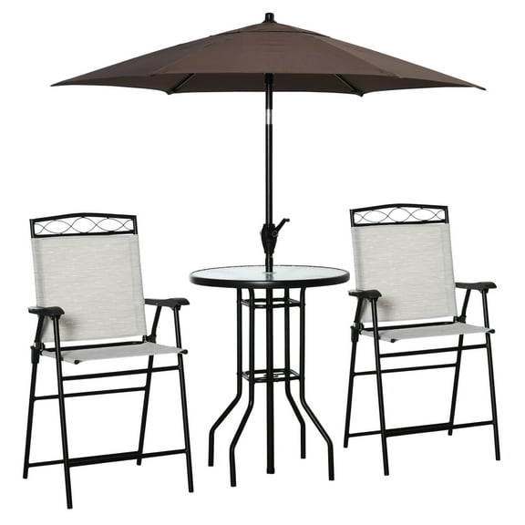 4 Piece Outdoor Patio Dining Furniture Set, 2 Folding Chairs, Adjustable Angle Umbrella, Textured Tempered Glass Dinner Table, Beige