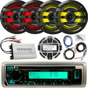 Kenwood KMR-D378BT Single DIN Marine Bluetooth SiriusXM Ready CD Player Receiver, Remote Control, 2 Pairs (QTY 4) of 6.75" 2-Way 260 Watts Max Black LED Speakers, 4-CH Amplifier, Wiring Kit