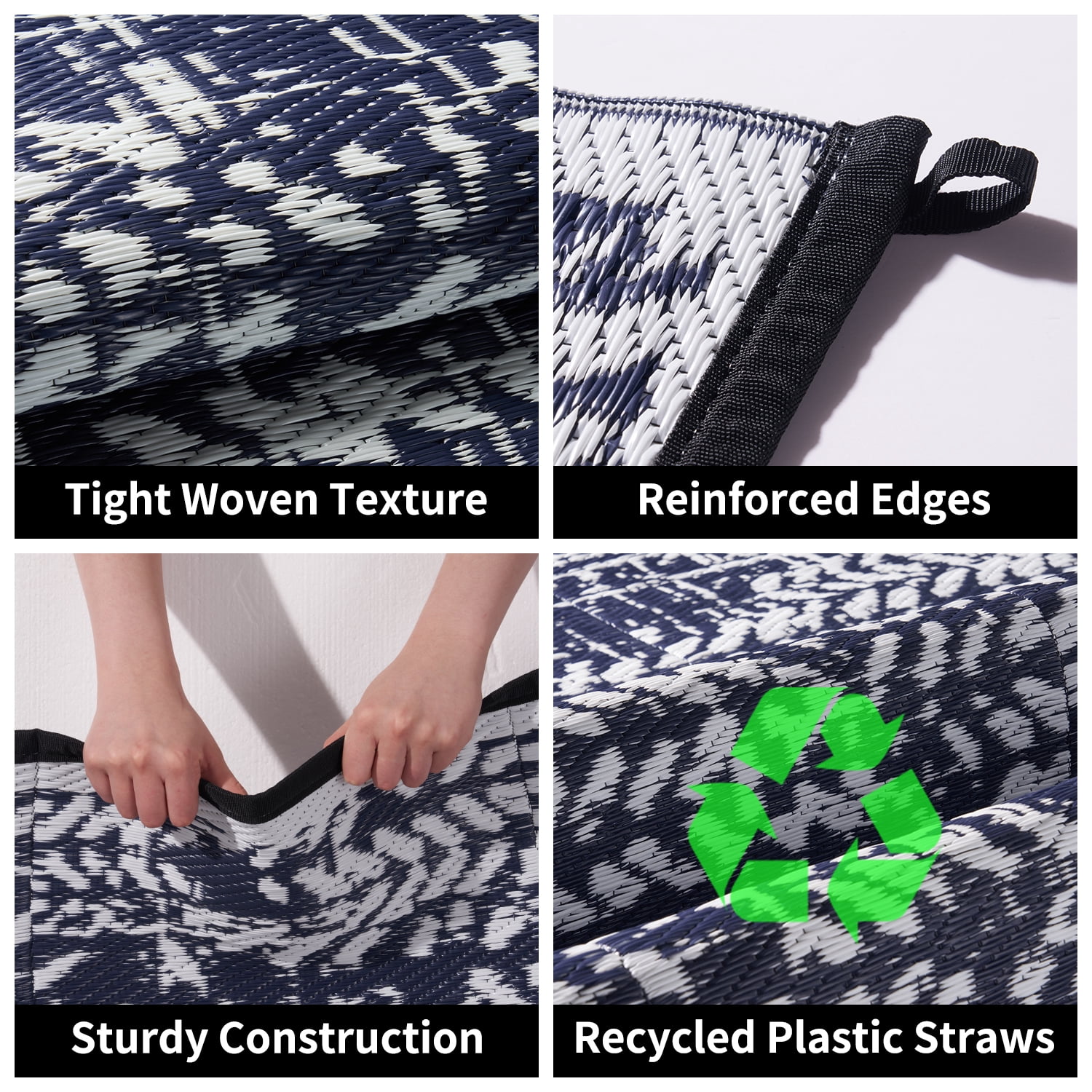 VUNATE Outdoor Rug 9'x12' Patio Rug Waterproof Woven Plastic Outdoor Mat for Picnic RV Porch Camping Reversible Outside Rug Dark Blue and White
